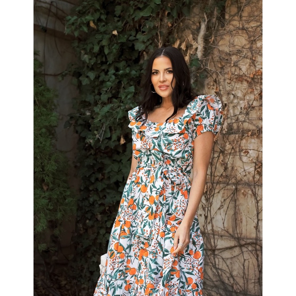 Rachel Parcell Sz 4 Orange Citrus Floral‎ Off Shoulder Midi Dress Cottagecore